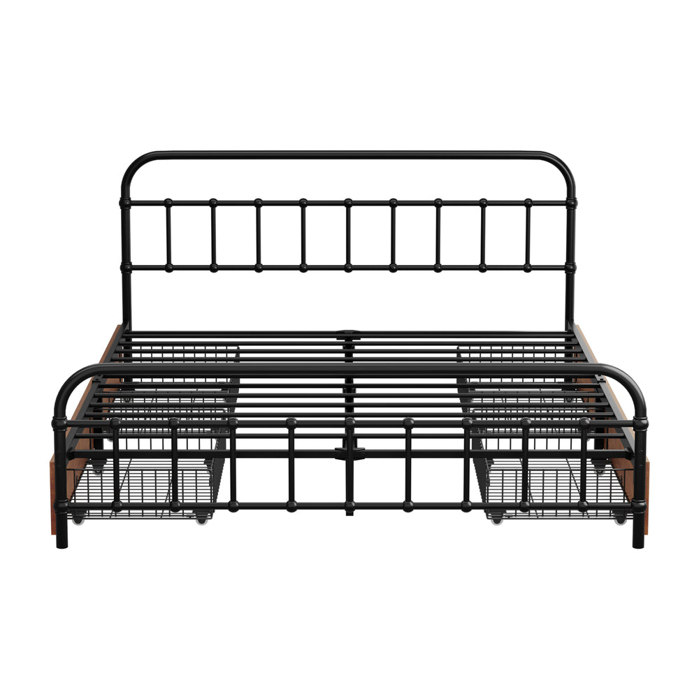 Metal Bed Frame Queen Size Bed Base with 4 Drawers Black