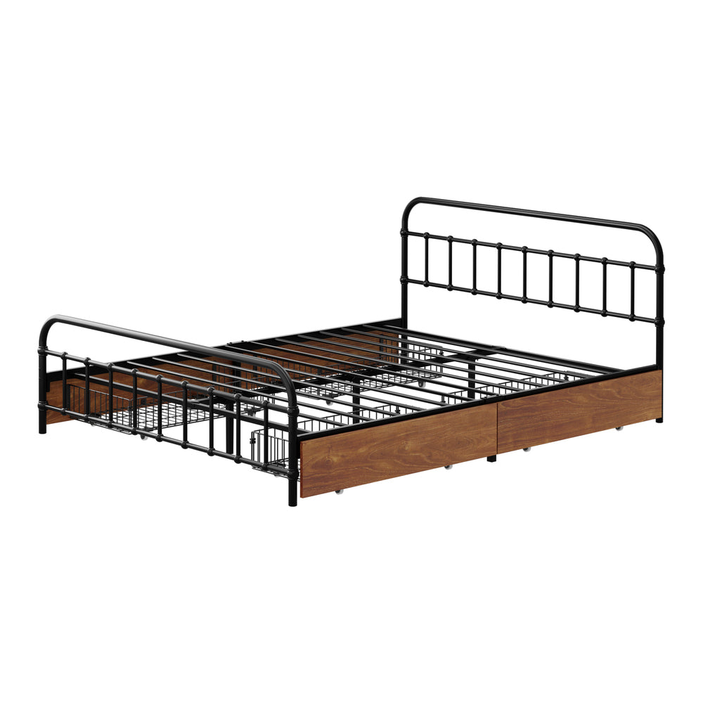 Metal Bed Frame Queen Size Bed Base with 4 Drawers Black