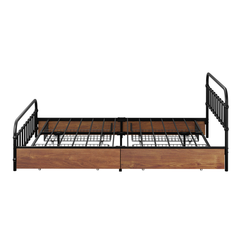 Metal Bed Frame Queen Size Bed Base with 4 Drawers Black