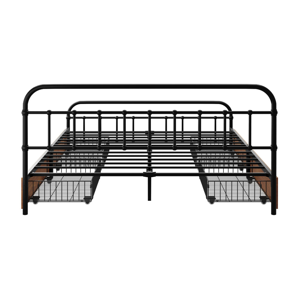 Metal Bed Frame Queen Size Bed Base with 4 Drawers Black