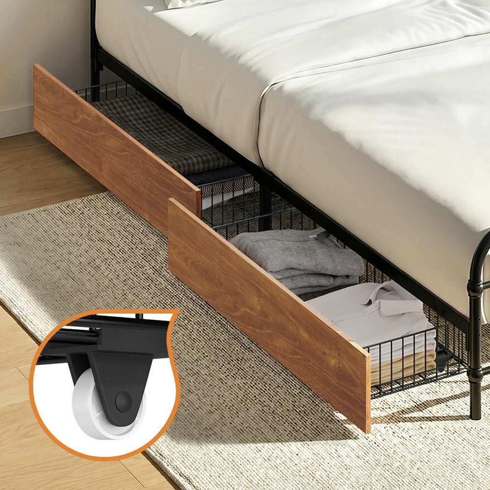 Metal Bed Frame Queen Size Bed Base with 4 Drawers Black