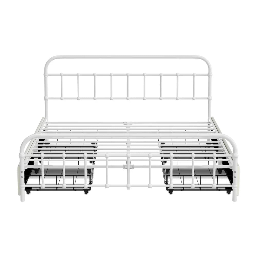 Metal Bed Frame Queen Size Bed Base with 4 Drawers White