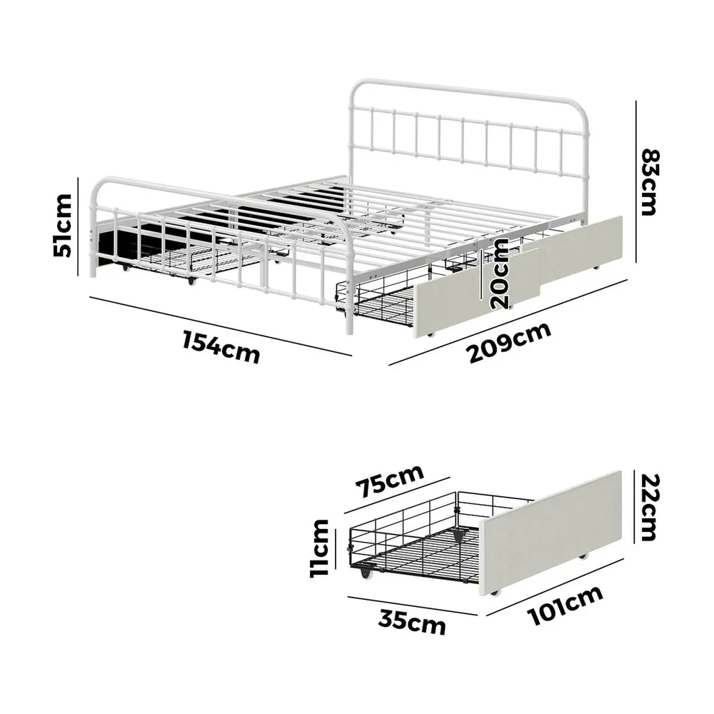 Metal Bed Frame Queen Size Bed Base with 4 Drawers White