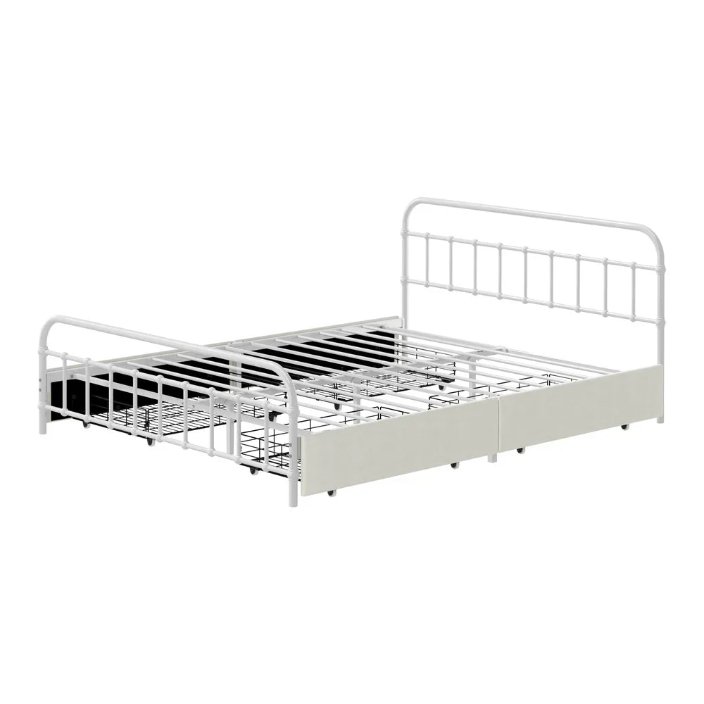 Metal Bed Frame Queen Size Bed Base with 4 Drawers White
