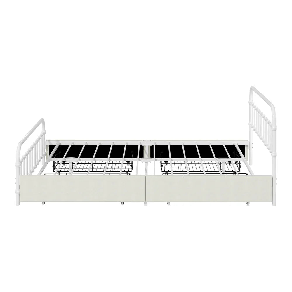 Metal Bed Frame Queen Size Bed Base with 4 Drawers White