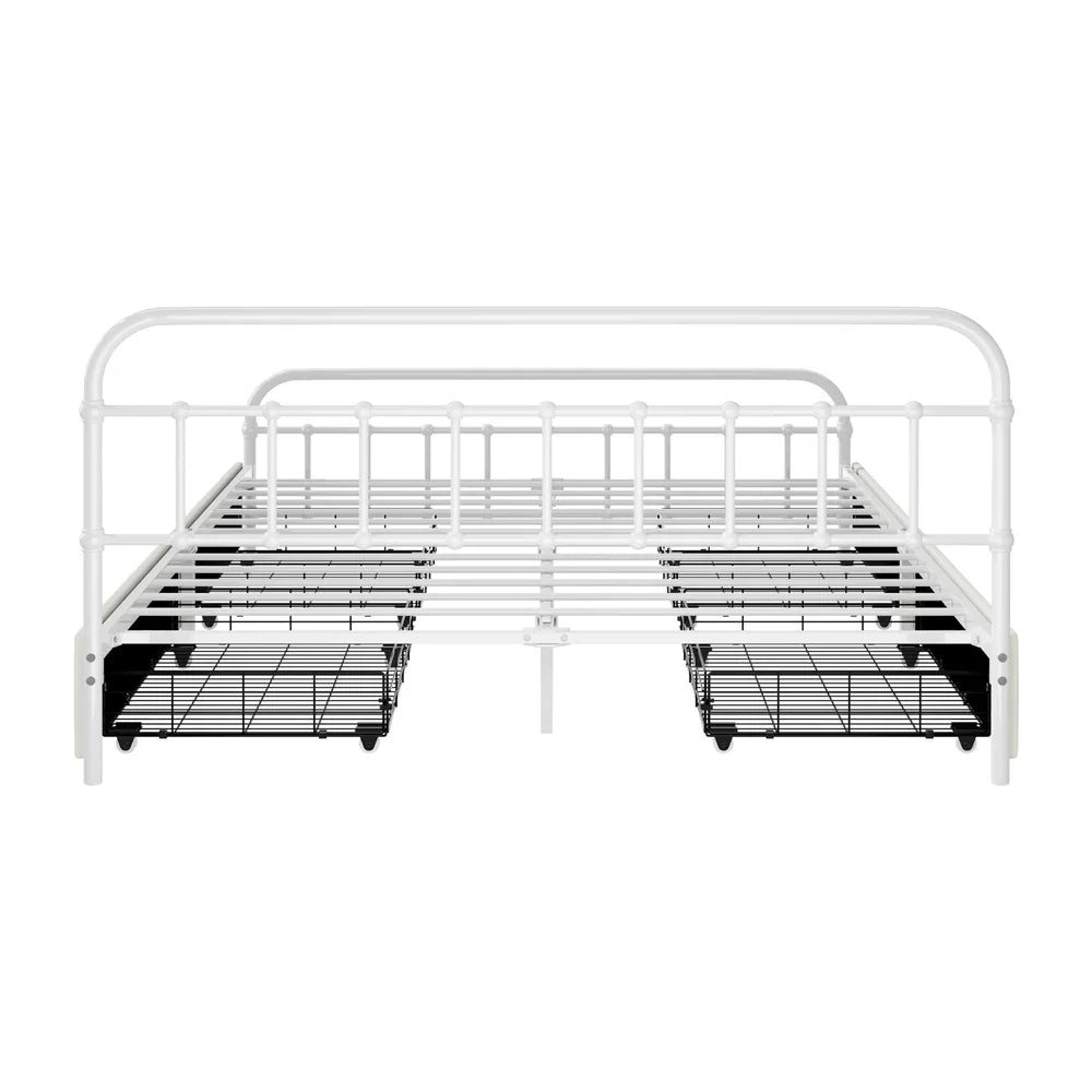 Metal Bed Frame Queen Size Bed Base with 4 Drawers White
