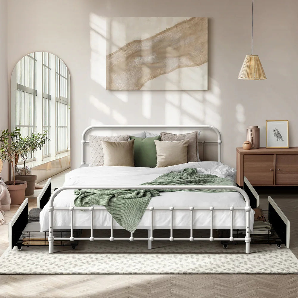 Metal Bed Frame Queen Size Bed Base with 4 Drawers White
