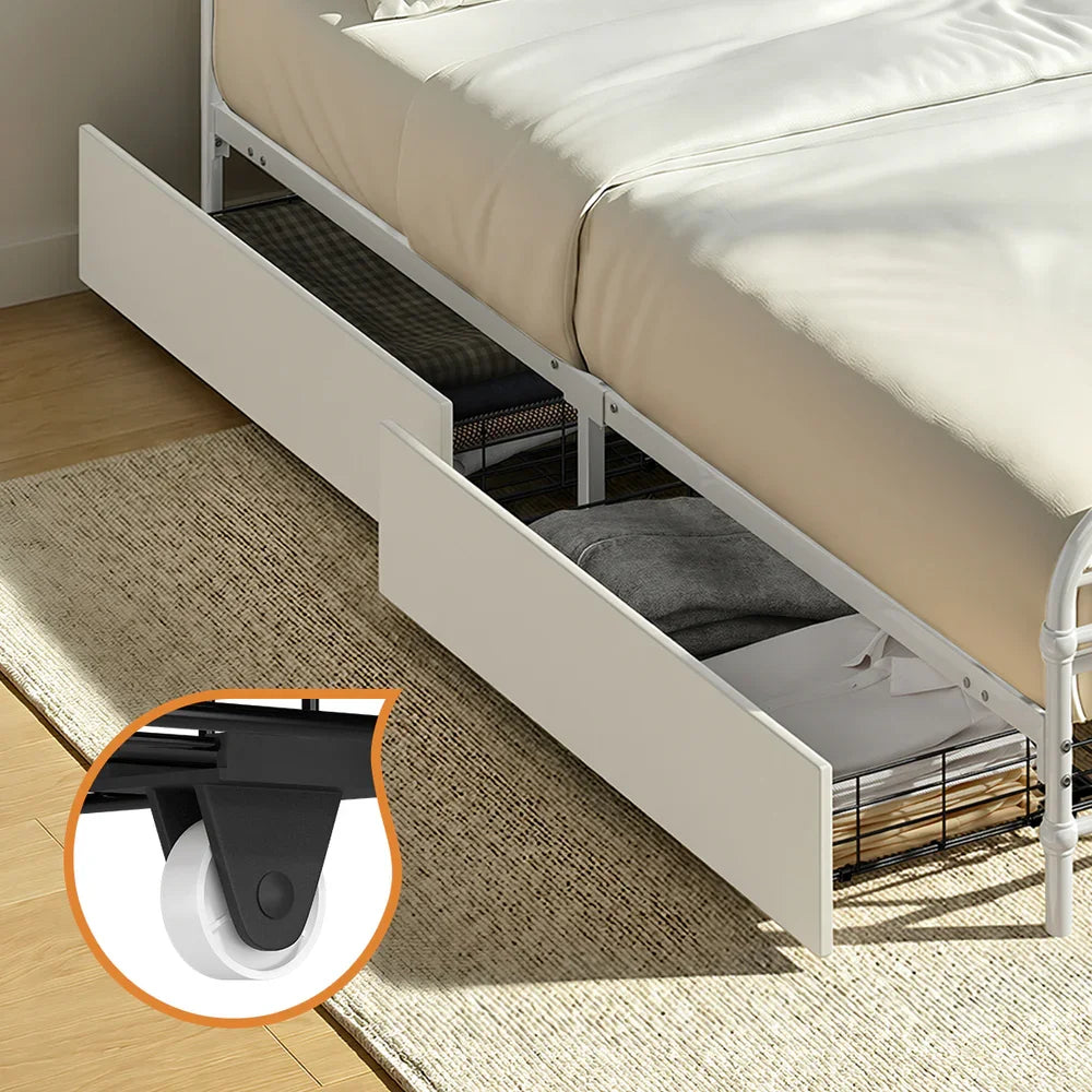 Metal Bed Frame Queen Size Bed Base with 4 Drawers White