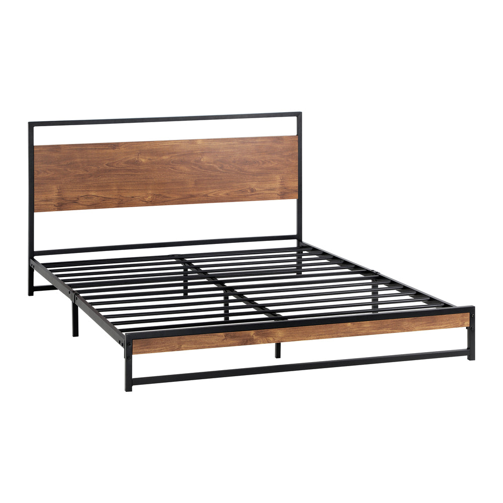 Metal Bed Frame, Double Size Platform Base with Wooden Slats, Black Colour