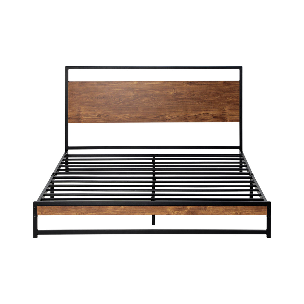 Metal Bed Frame, Double Size Platform Base with Wooden Slats, Black Colour