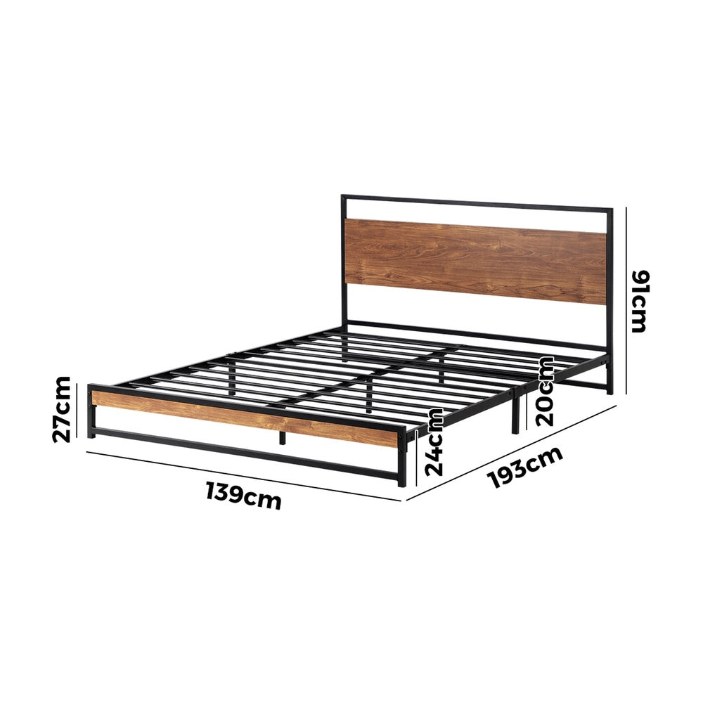 Metal Bed Frame, Double Size Platform Base with Wooden Slats, Black Colour