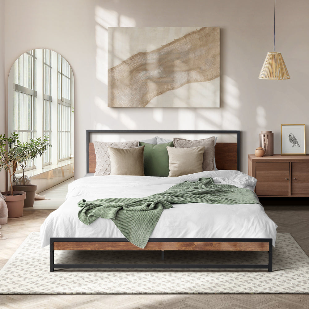Metal Bed Frame, Double Size Platform Base with Wooden Slats, Black Colour