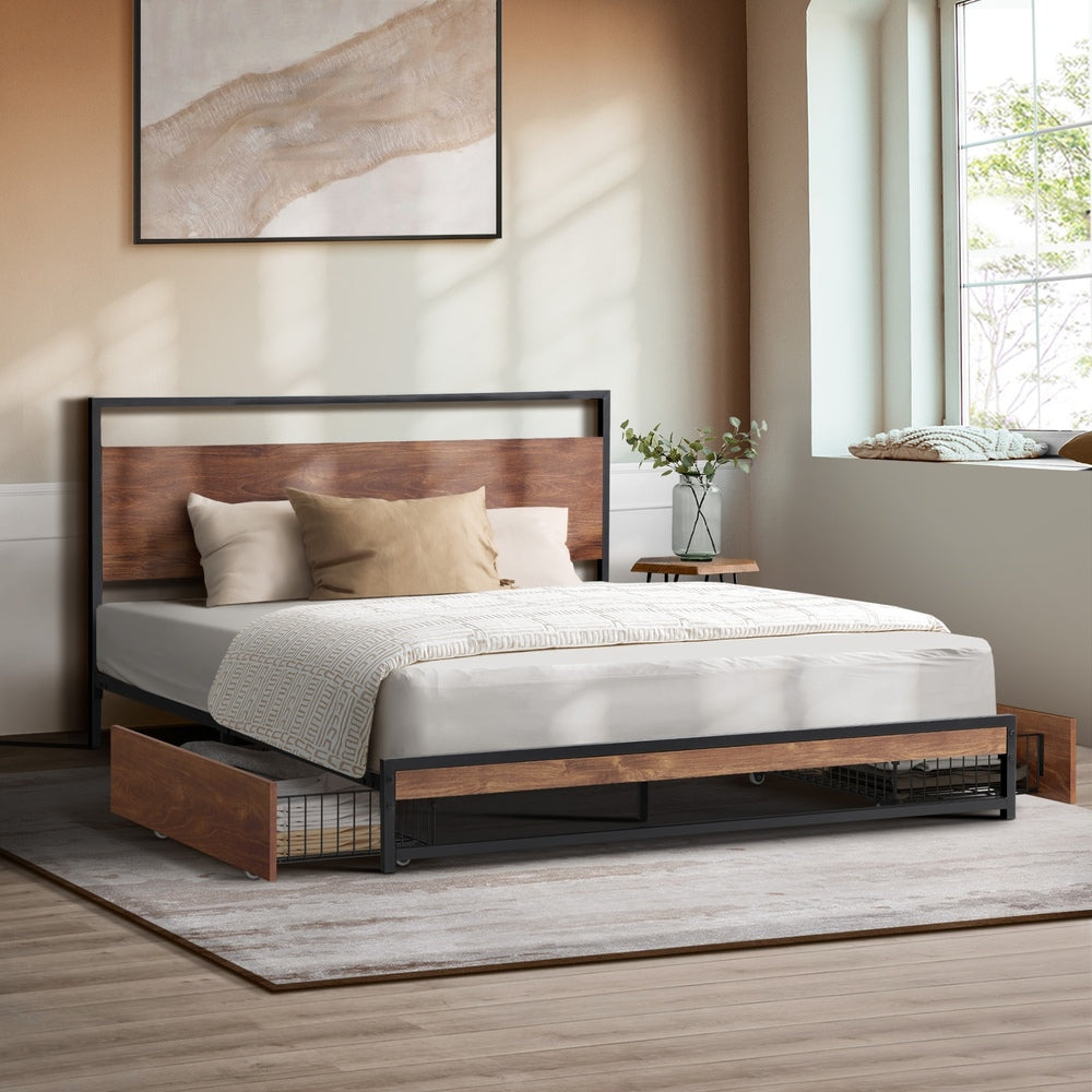 Metal Bed Frame Double Size Bed Base Platform 2 Drawers Black
