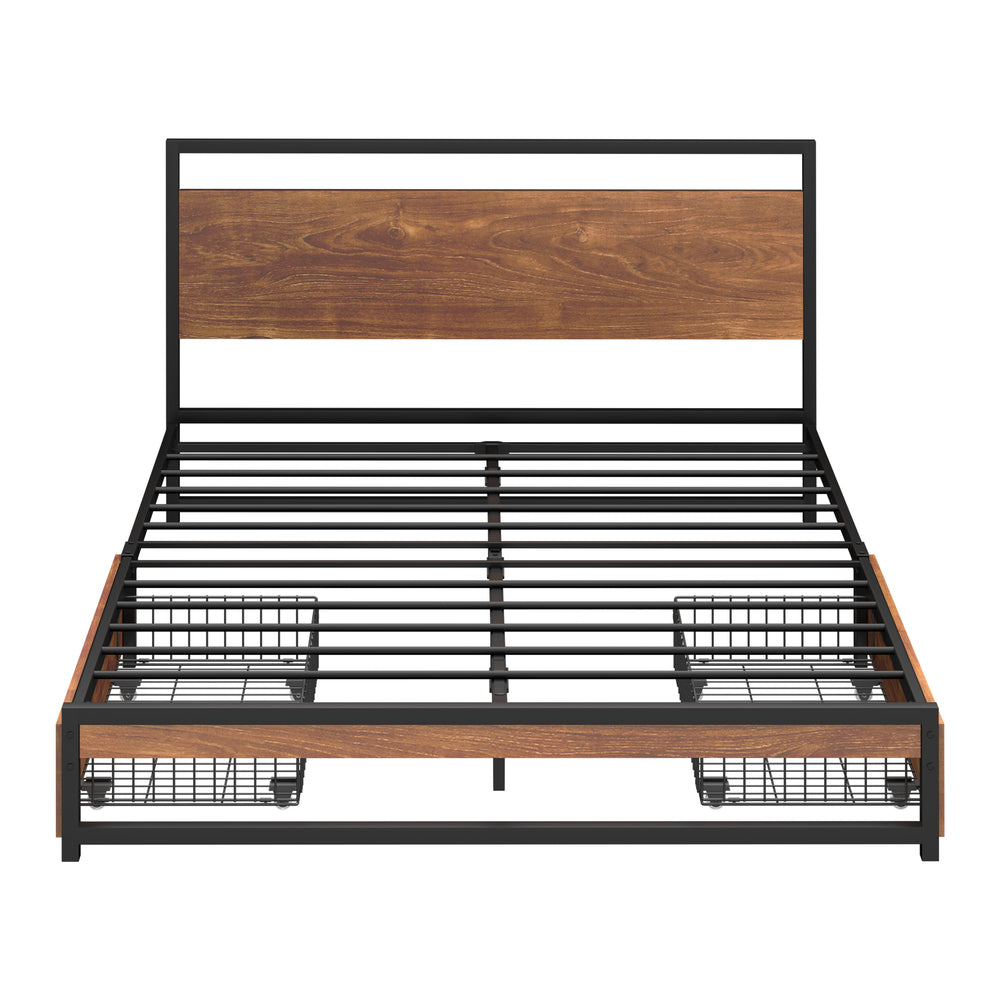 Metal Bed Frame Double Size Bed Base Platform 2 Drawers Black