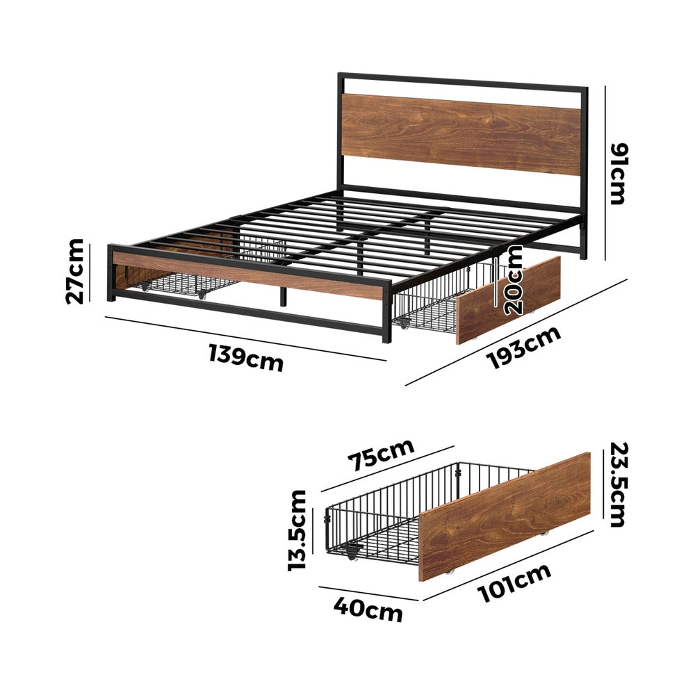Metal Bed Frame Double Size Bed Base Platform 2 Drawers Black