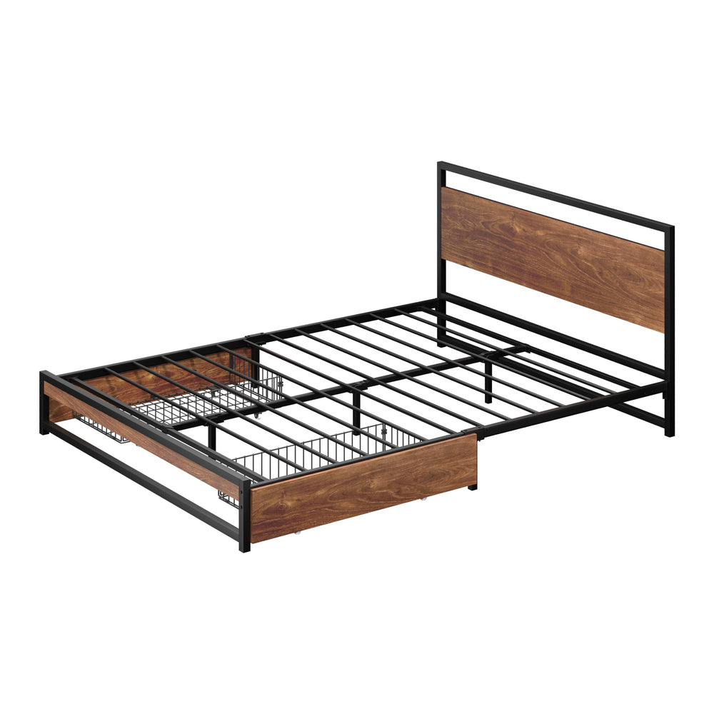 Metal Bed Frame Double Size Bed Base Platform 2 Drawers Black