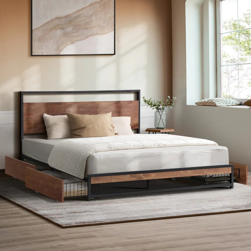 Metal Bed Frame King Size Bed Base Platform 4 Drawers Black