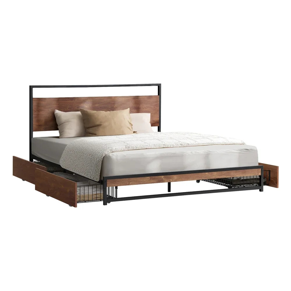 Metal Bed Frame King Size Bed Base Platform 4 Drawers Black