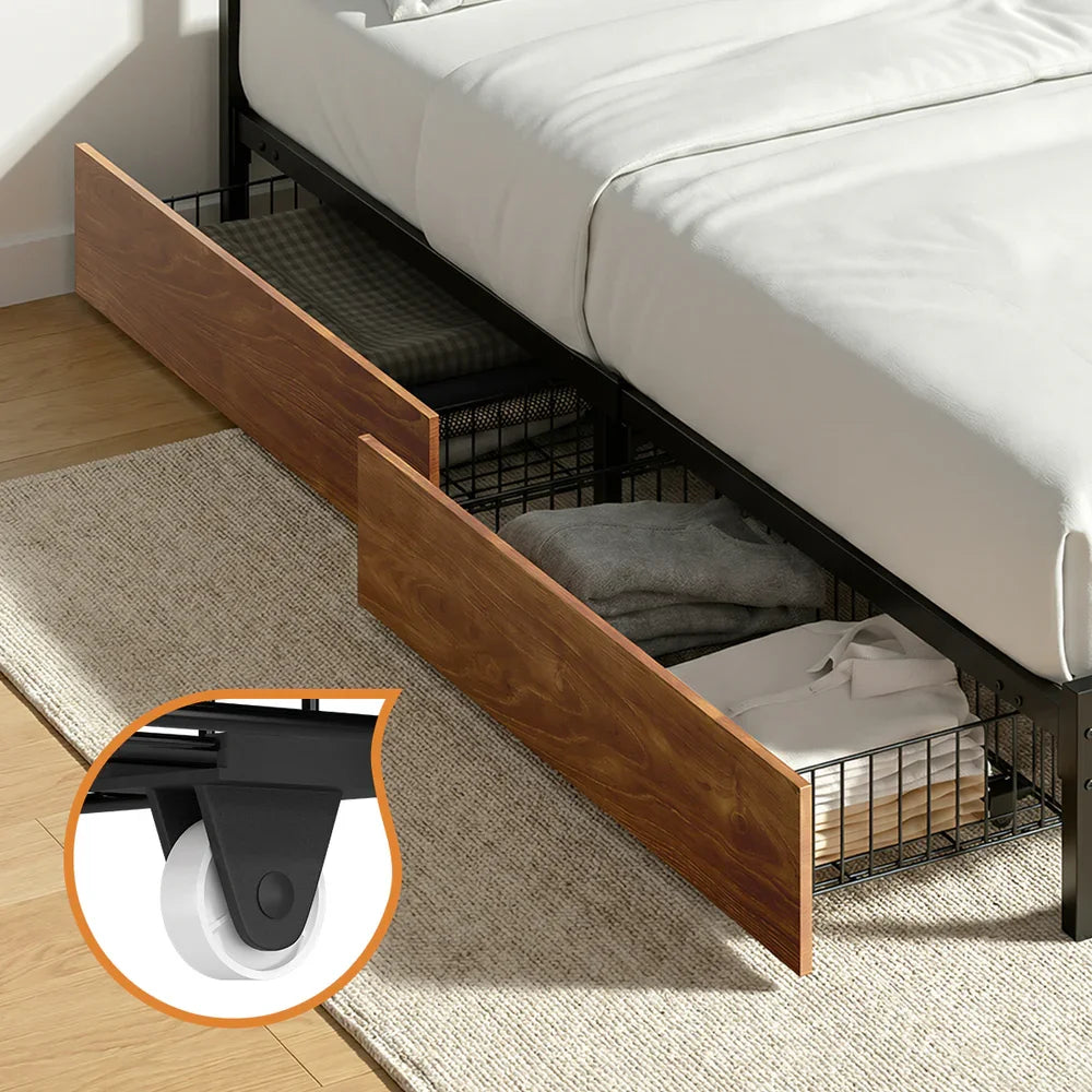 Metal Bed Frame King Size Bed Base Platform 4 Drawers Black
