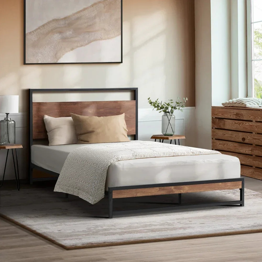 Metal Bed Frame – Industrial Design, Wood Accents, King Single