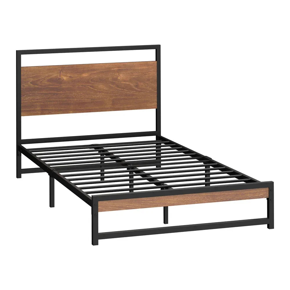Bed frame with wooden headboard and footboard on a white background