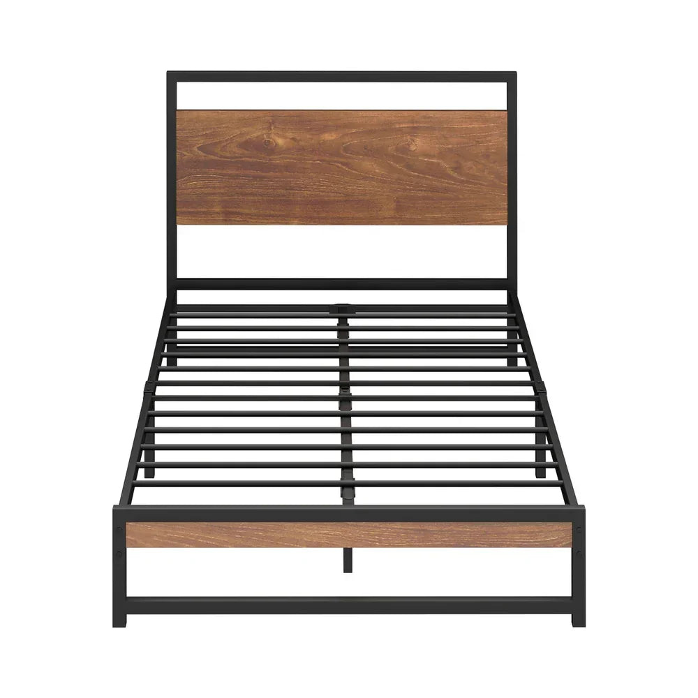 Metal Bed Frame – Industrial Design, Wood Accents, King Single