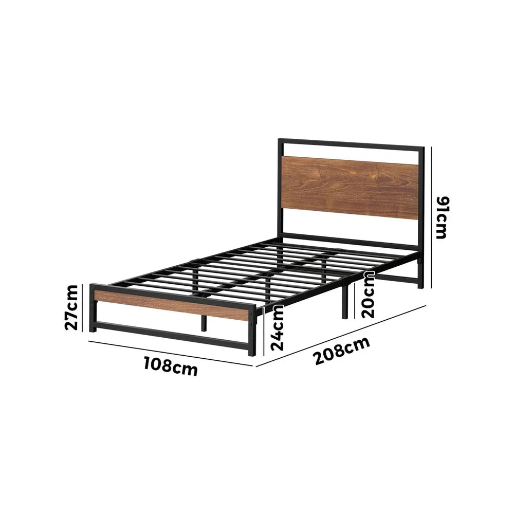 Metal Bed Frame – Industrial Design, Wood Accents, King Single