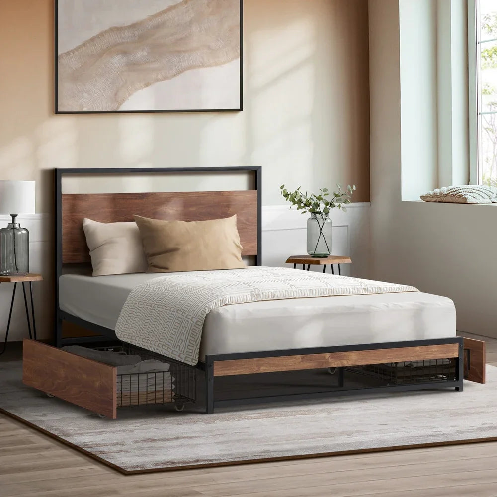 Metal Bed Frame King Single Bed Base Platform 2 Drawers Black