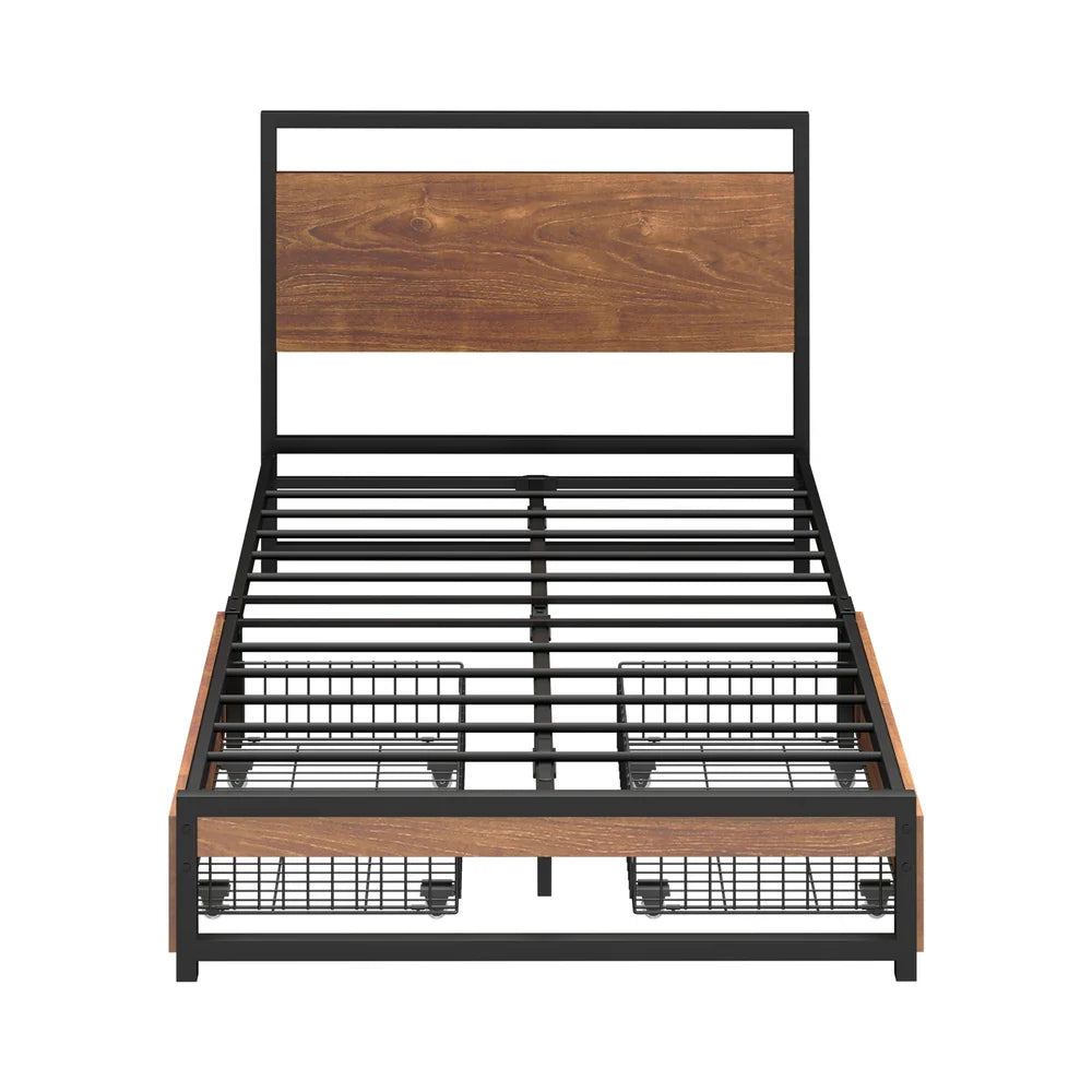 Metal Bed Frame King Single Bed Base Platform 2 Drawers Black