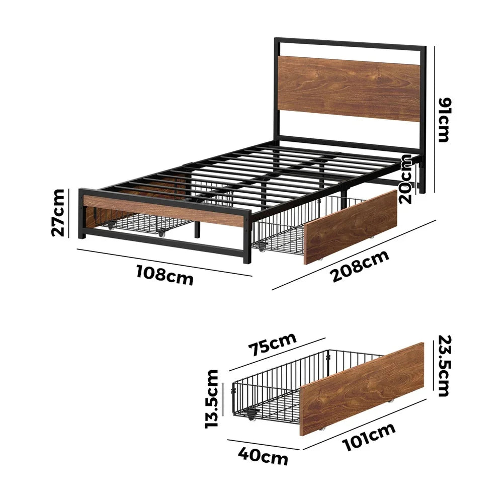 Metal Bed Frame King Single Bed Base Platform 2 Drawers Black