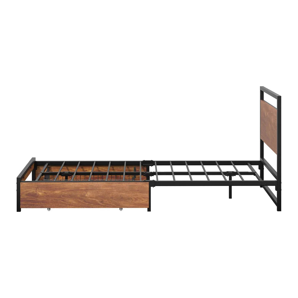 Metal Bed Frame King Single Bed Base Platform 2 Drawers Black