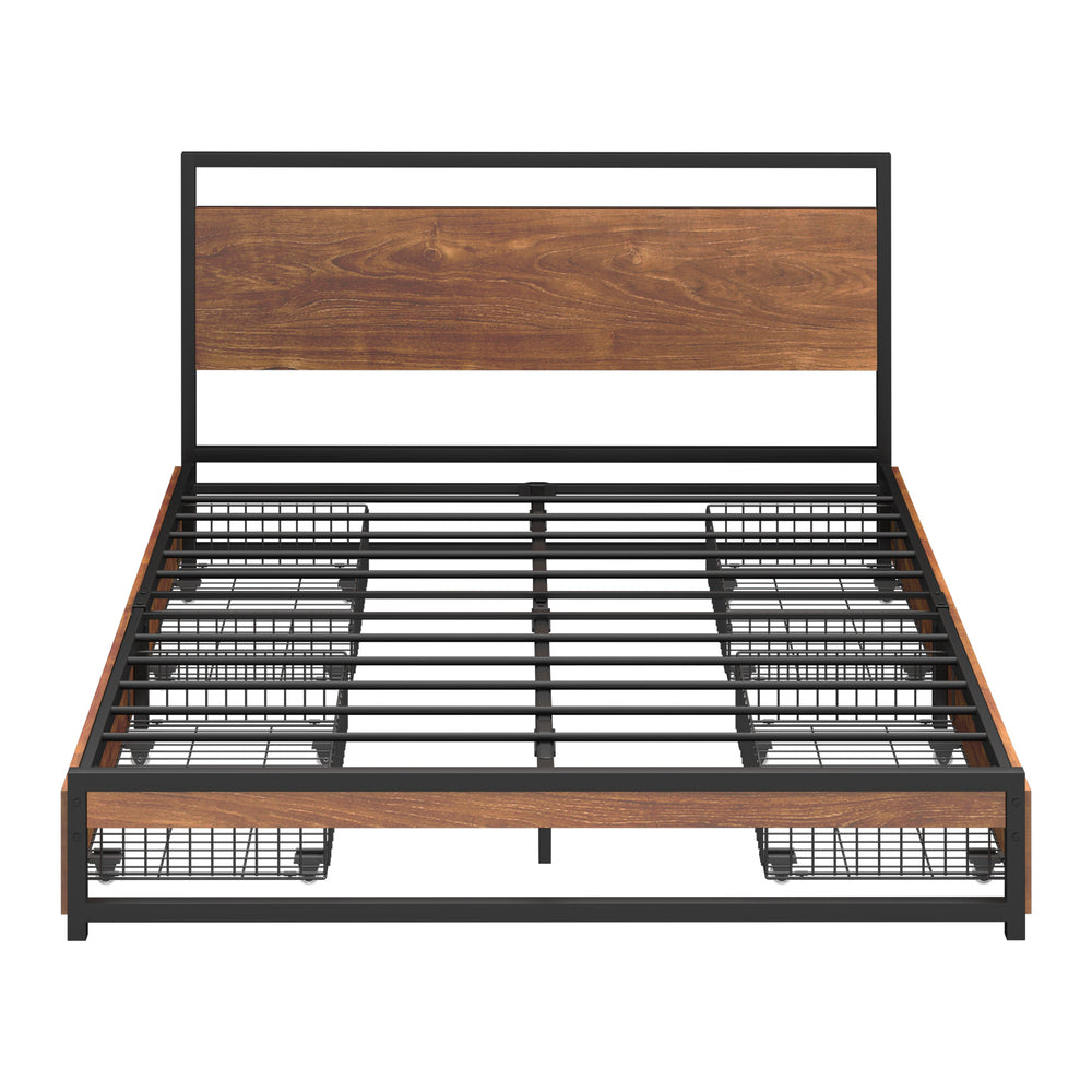 Oikiture Queen Metal Bed Frame 4 Storage Drawers Platform Bed Black Brown