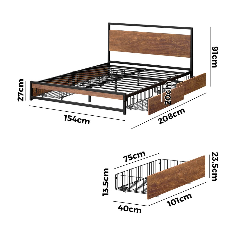 Oikiture Queen Metal Bed Frame 4 Storage Drawers Platform Bed Black Brown