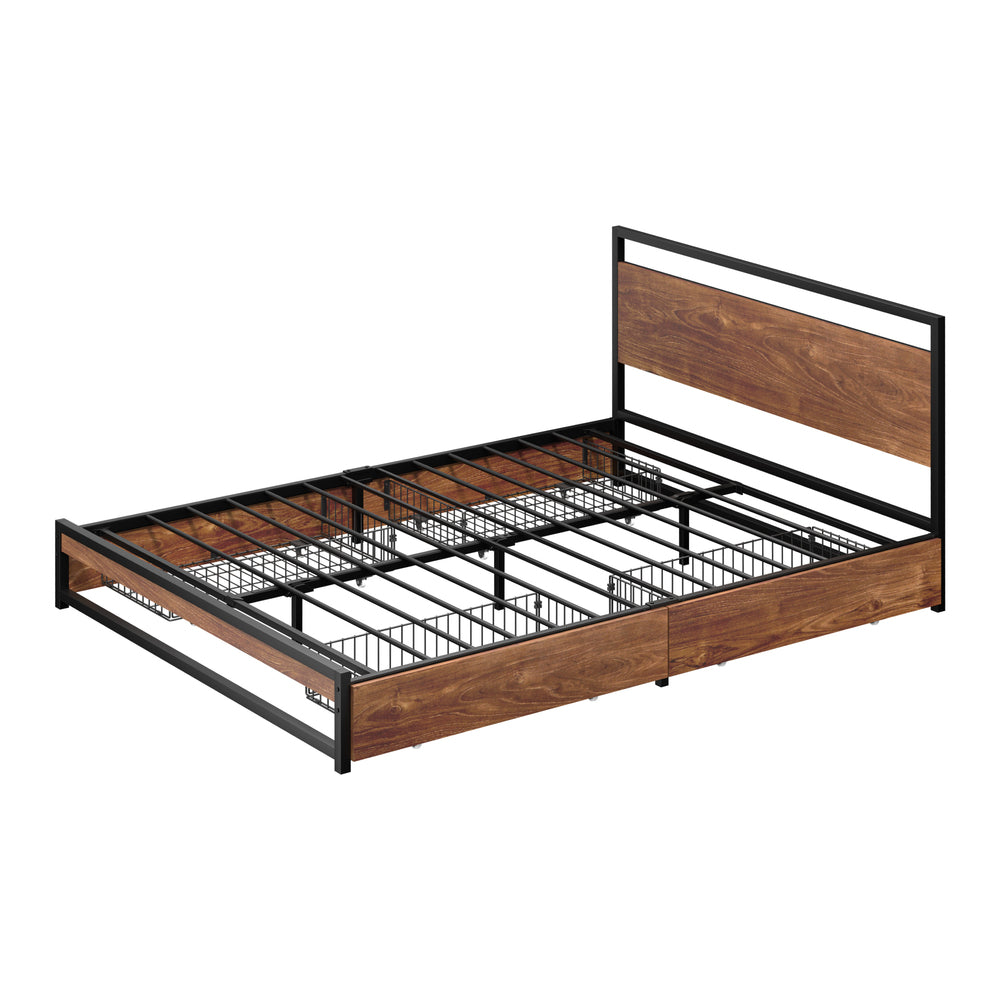 Oikiture Queen Metal Bed Frame 4 Storage Drawers Platform Bed Black Brown