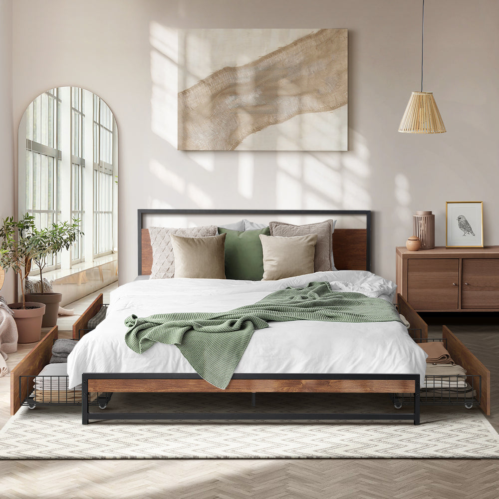 Oikiture Queen Metal Bed Frame 4 Storage Drawers Platform Bed Black Brown