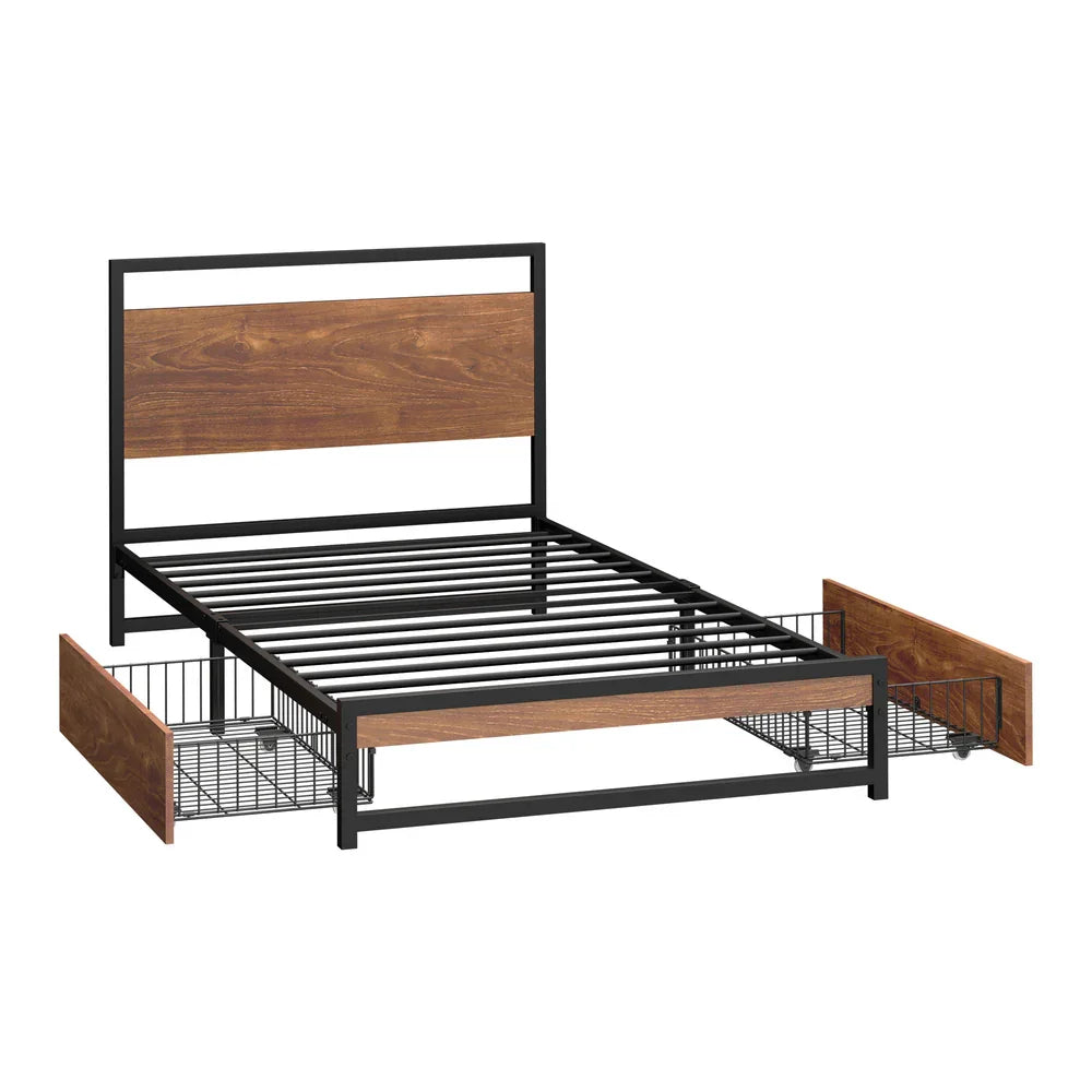 Metal Bed Frame Single Bed Base Platform with 2 Drawers Black
