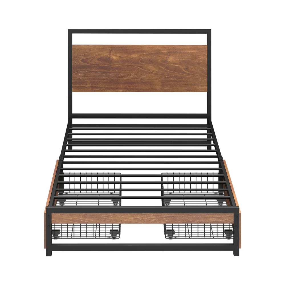 Metal Bed Frame Single Bed Base Platform with 2 Drawers Black