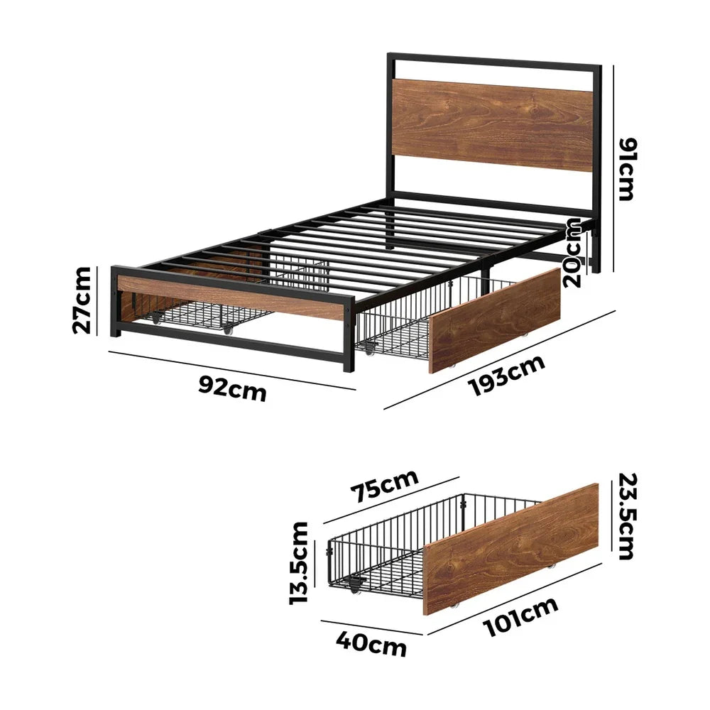 Metal Bed Frame Single Bed Base Platform with 2 Drawers Black