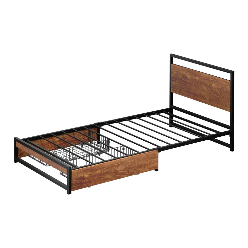 Metal Bed Frame Single Bed Base Platform with 2 Drawers Black