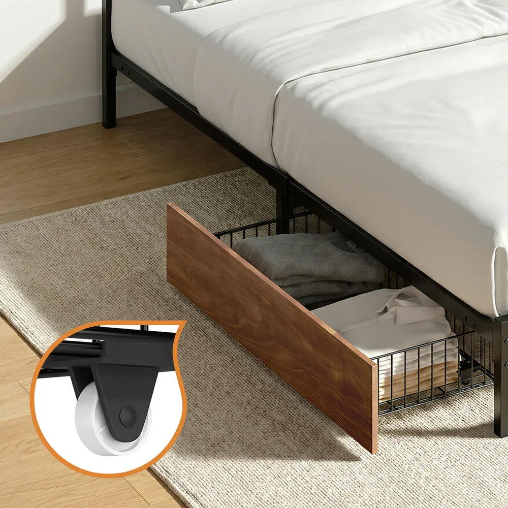 Metal Bed Frame Single Bed Base Platform with 2 Drawers Black