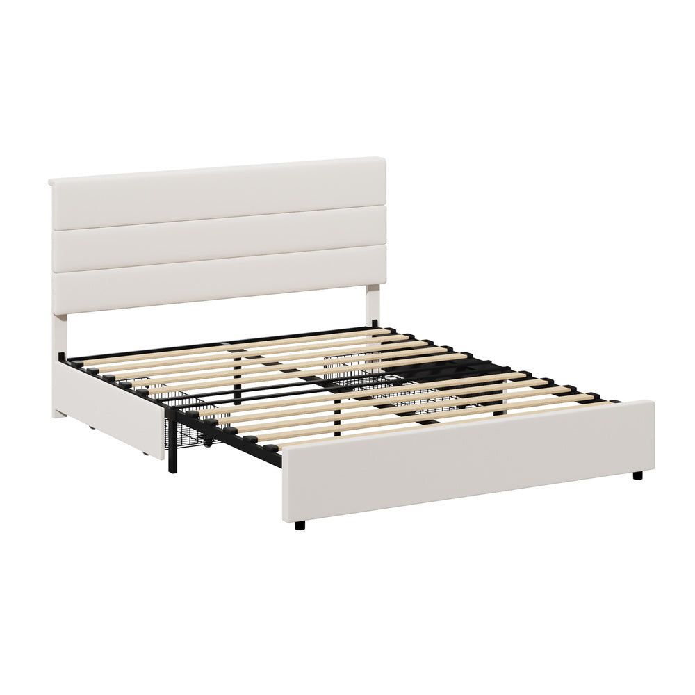 Oikiture Double Bed Frame 2 Storage Drawers Upholstered Headboard Linen Beige