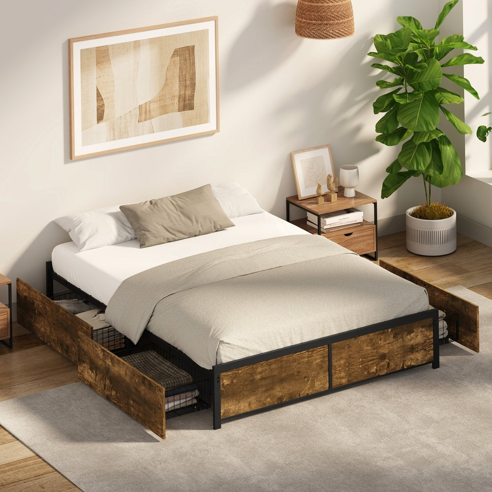 Oikiture Queen Metal Bed Frame 4 Storage Drawers Walnut Black Industrial Base