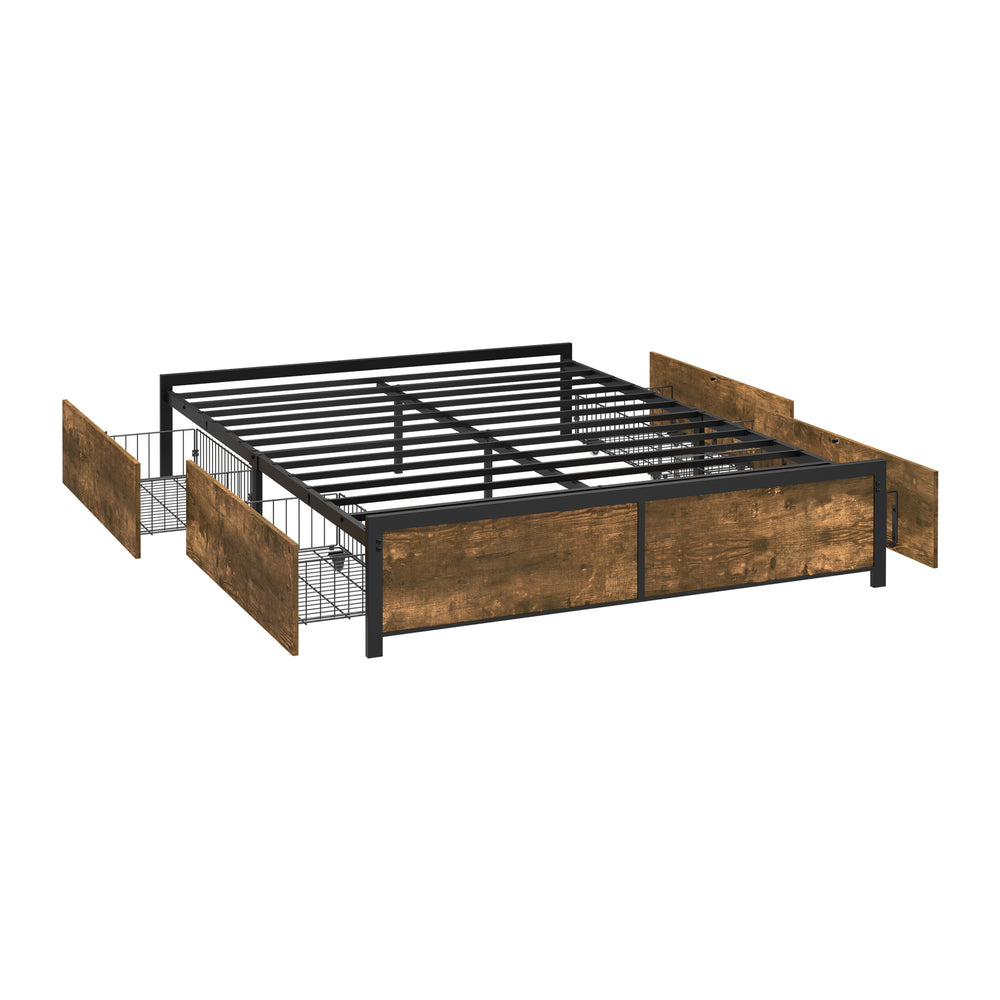 Oikiture Queen Metal Bed Frame 4 Storage Drawers Walnut Black Industrial Base