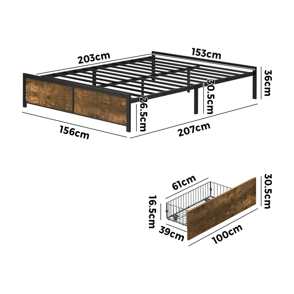 Oikiture Queen Metal Bed Frame 4 Storage Drawers Walnut Black Industrial Base
