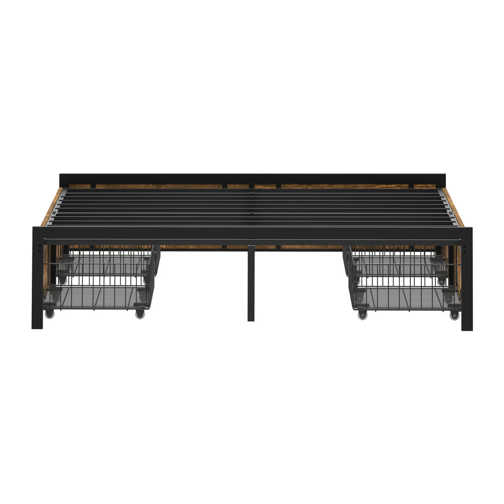 Oikiture Queen Metal Bed Frame 4 Storage Drawers Walnut Black Industrial Base