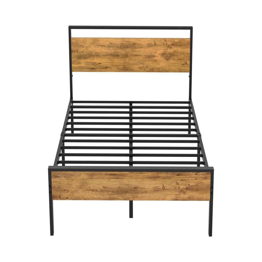Oikiture King Single Metal Bed Frame Platform Bed Base Natural Black Industrial