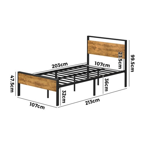 Oikiture King Single Metal Bed Frame Platform Bed Base Natural Black Industrial