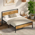 Oikiture Queen Metal Bed Frame Platform Bed Base Natural Black Wood Industrial