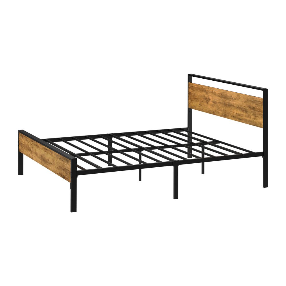 Oikiture Queen Metal Bed Frame Platform Bed Base Natural Black Wood Industrial