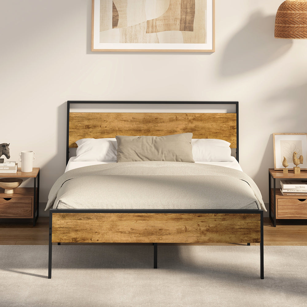 Oikiture Queen Metal Bed Frame Platform Bed Base Natural Black Wood Industrial